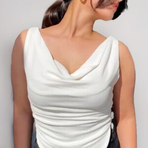 Women's Solid/Plain Asymmetric Hem Stretchable Draped Crop Top. Sleeveless, Single Shoulder, Off Shoulder, Cowl Neck, Crop Length
